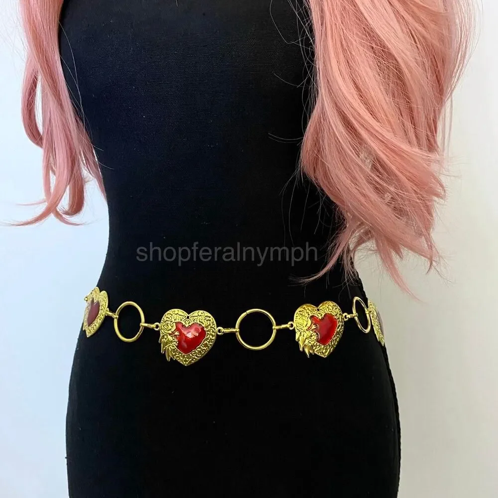 Gold Y2K Red Heart Open Ring Waist Chain Belt, Fits 25.5-45 Inches, X7GA1295